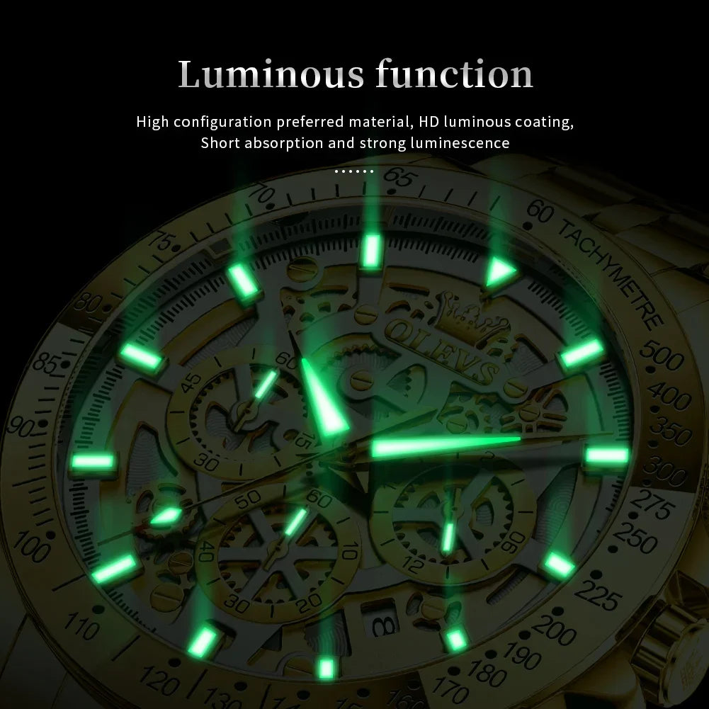 OLEVS Lxuxry Brand Gold Men's Watches Full Skeleton Stainless steel Chronograph Wristwatch Waterproof Luminous Quartz