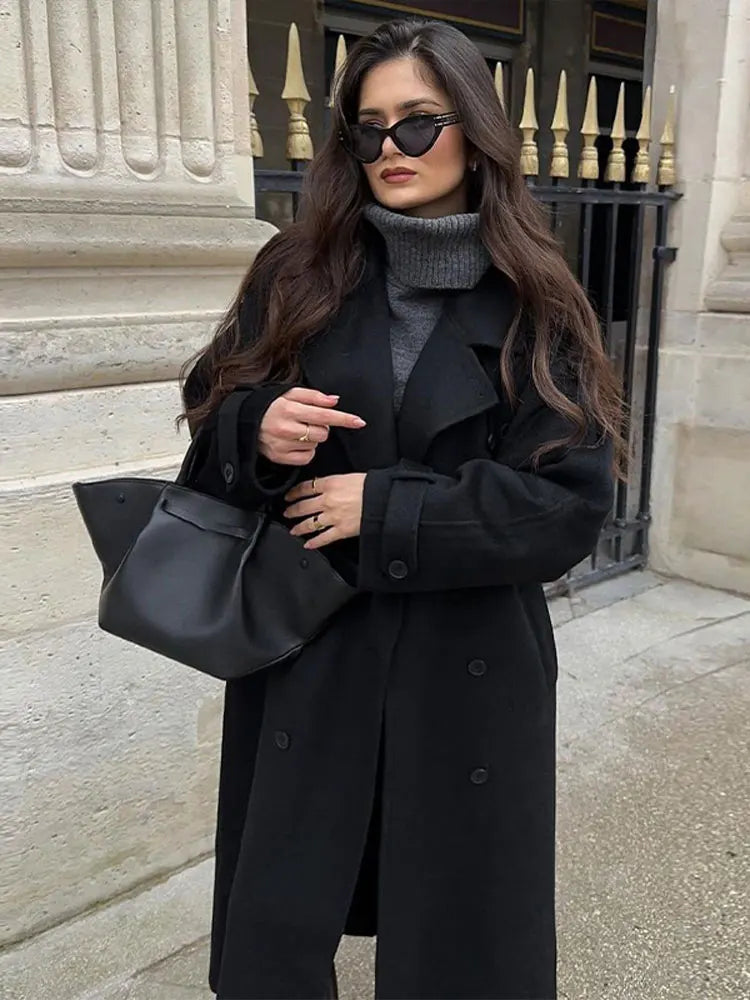 Chic Black Double-breasted Woolen Overcoat With Belt