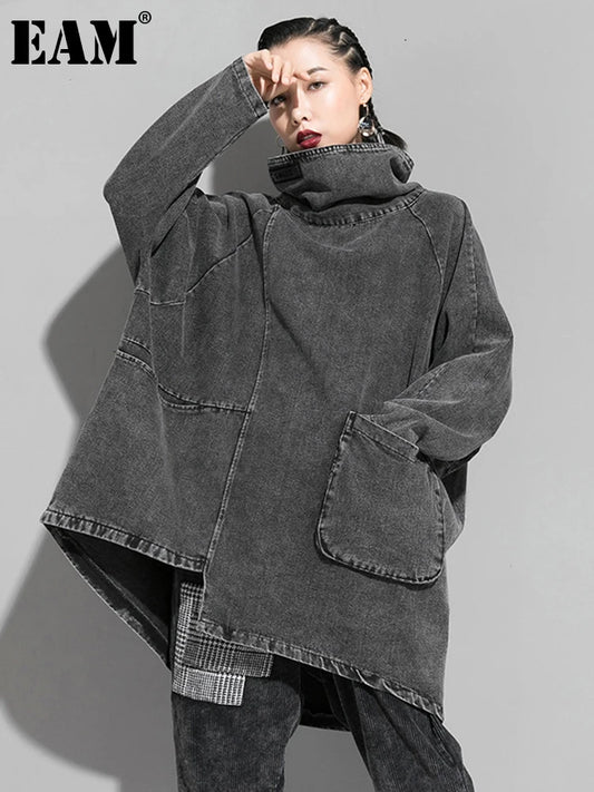 [EAM] Loose Fit Black Denim Big Size Sweatshirt New High Collar Long Sleeve Women Big Size Fashion Spring 2024