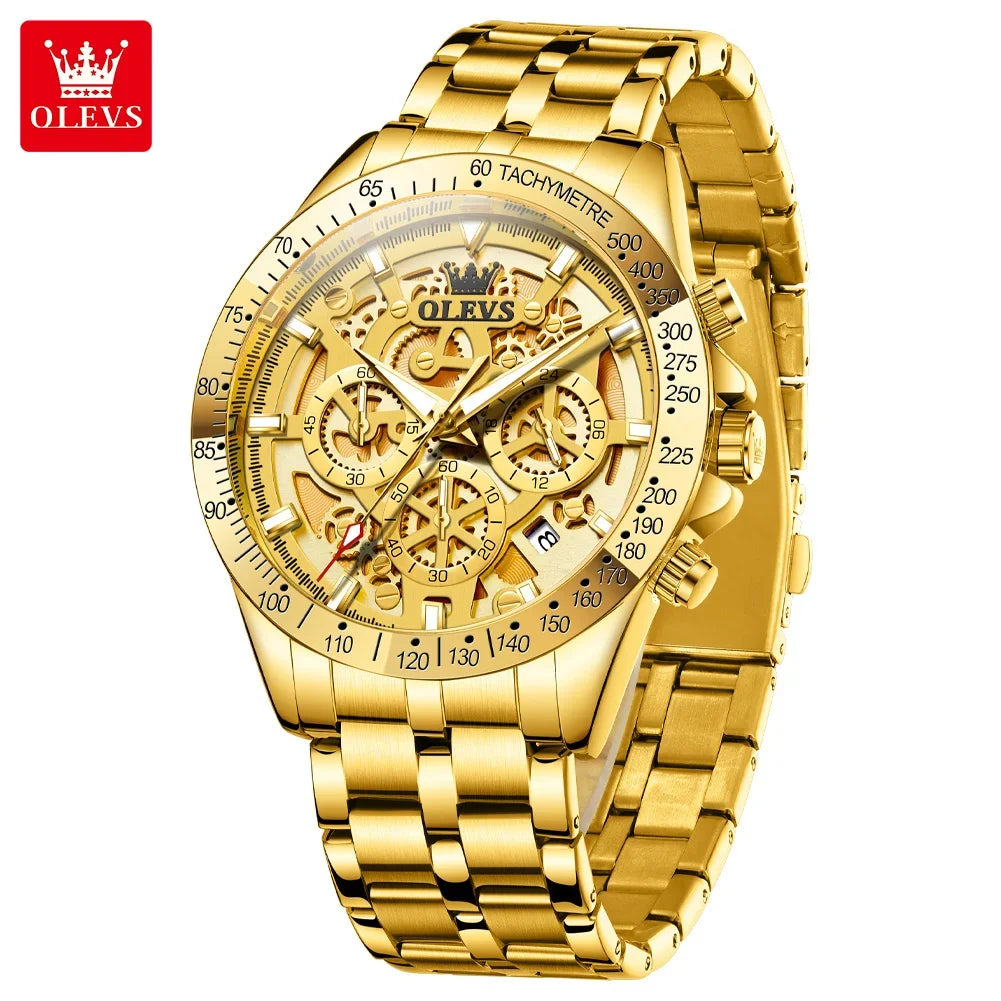 OLEVS Lxuxry Brand Gold Men's Watches Full Skeleton Stainless steel Chronograph Wristwatch Waterproof Luminous Quartz