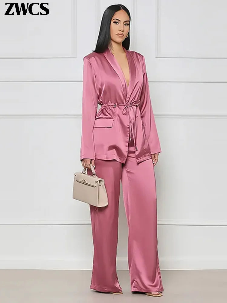 Satin Drawstring Pants Set Women Long Sleeve Pocket Blouse Wige Leg Trousers Suit 2024 Spring Casual 2 Piece Outfit