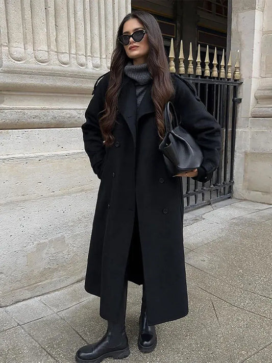 Chic Black Double-breasted Woolen Overcoat With Belt