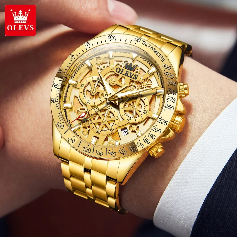 OLEVS Lxuxry Brand Gold Men's Watches Full Skeleton Stainless steel Chronograph Wristwatch Waterproof Luminous Quartz