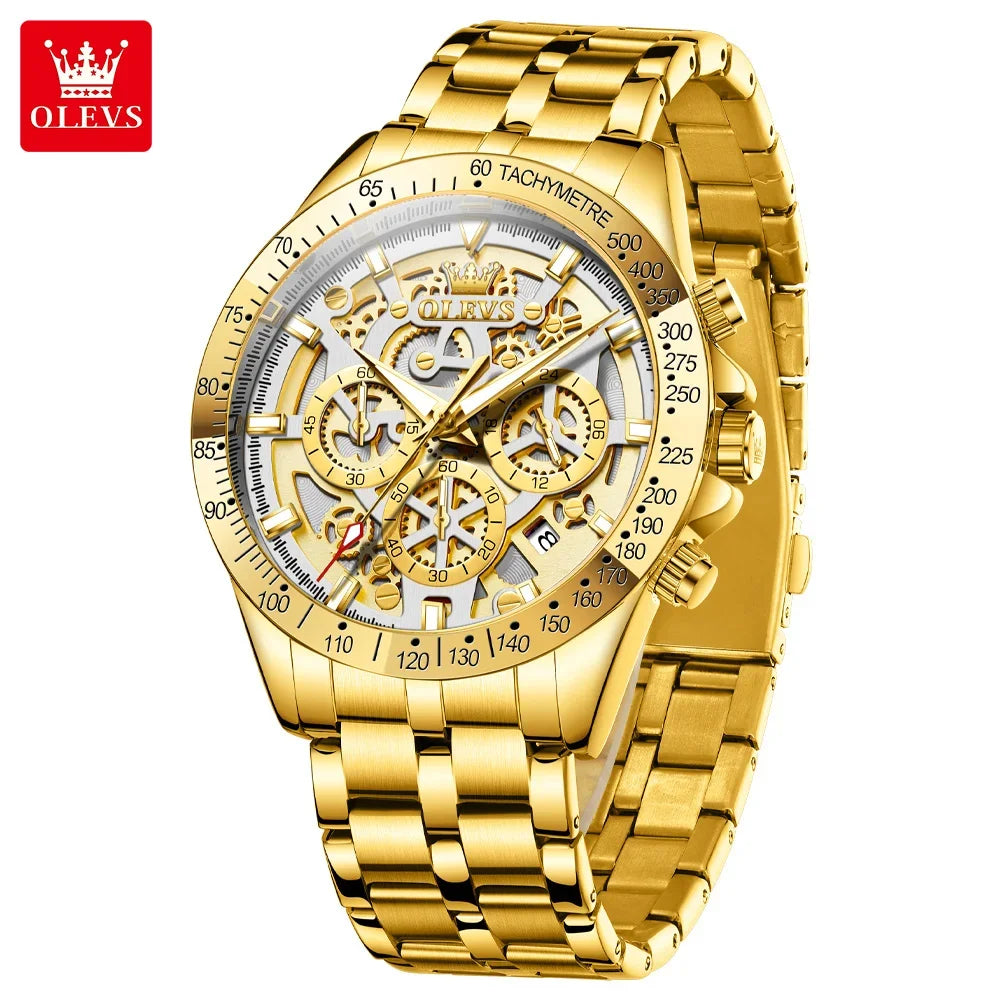 OLEVS Lxuxry Brand Gold Men's Watches Full Skeleton Stainless steel Chronograph Wristwatch Waterproof Luminous Quartz