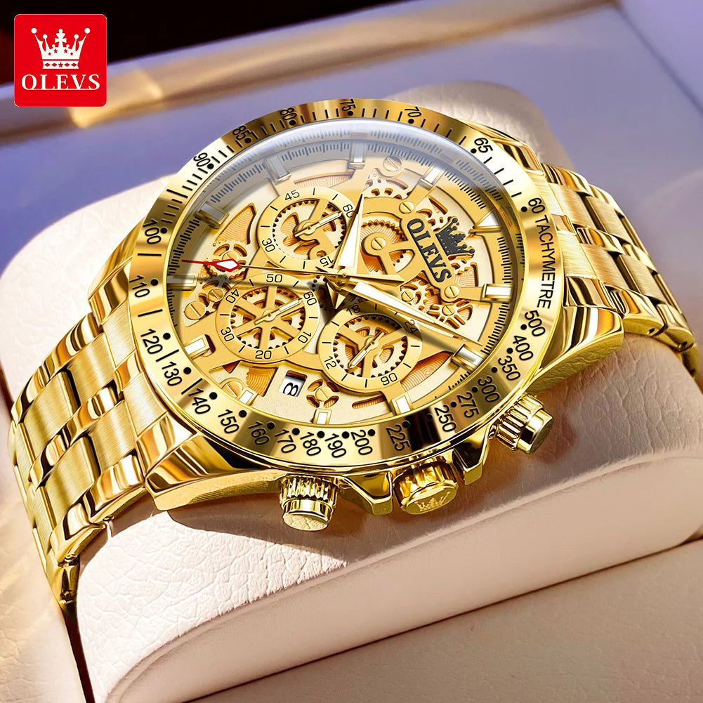 OLEVS Lxuxry Brand Gold Men's Watches Full Skeleton Stainless steel Chronograph Wristwatch Waterproof Luminous Quartz