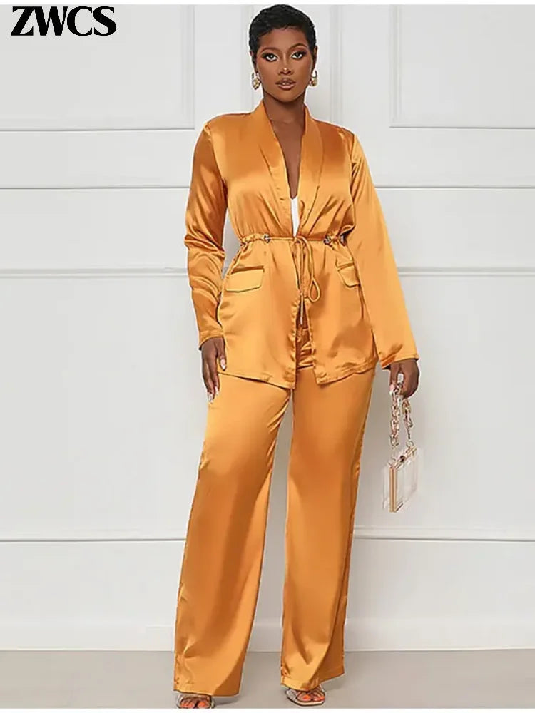 Satin Drawstring Pants Set Women Long Sleeve Pocket Blouse Wige Leg Trousers Suit 2024 Spring Casual 2 Piece Outfit