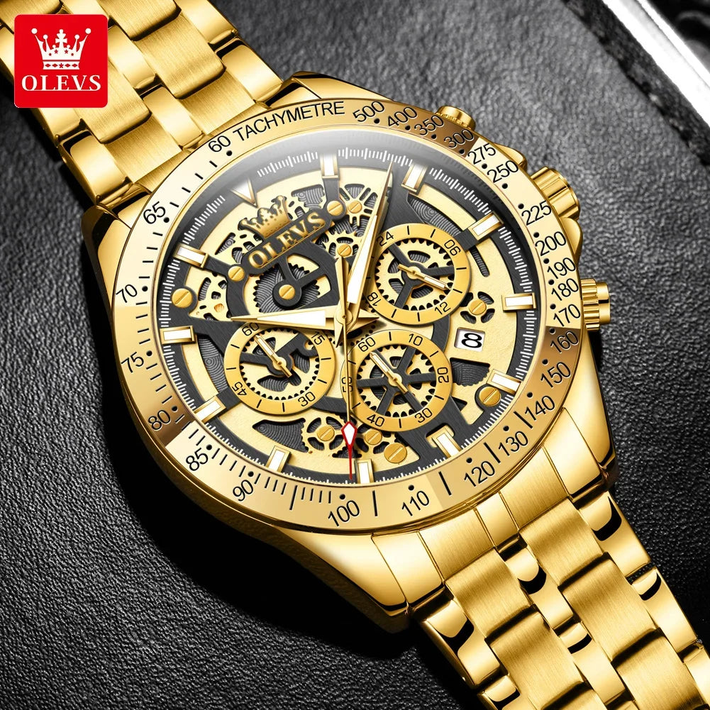 OLEVS Lxuxry Brand Gold Men's Watches Full Skeleton Stainless steel Chronograph Wristwatch Waterproof Luminous Quartz