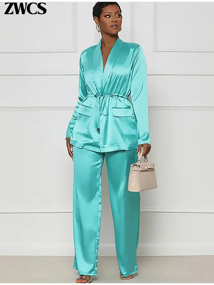 Satin Drawstring Pants Set Women Long Sleeve Pocket Blouse Wige Leg Trousers Suit 2024 Spring Casual 2 Piece Outfit