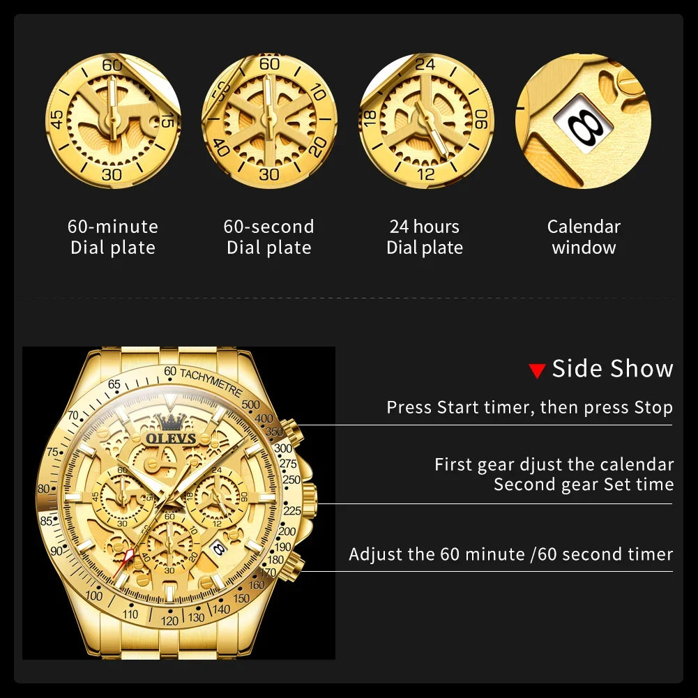 OLEVS Lxuxry Brand Gold Men's Watches Full Skeleton Stainless steel Chronograph Wristwatch Waterproof Luminous Quartz